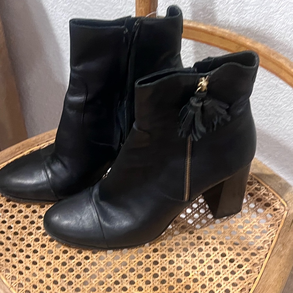 The Office of Angela Scott Black Boots with Tassels, Chunky Heel and Round Toe